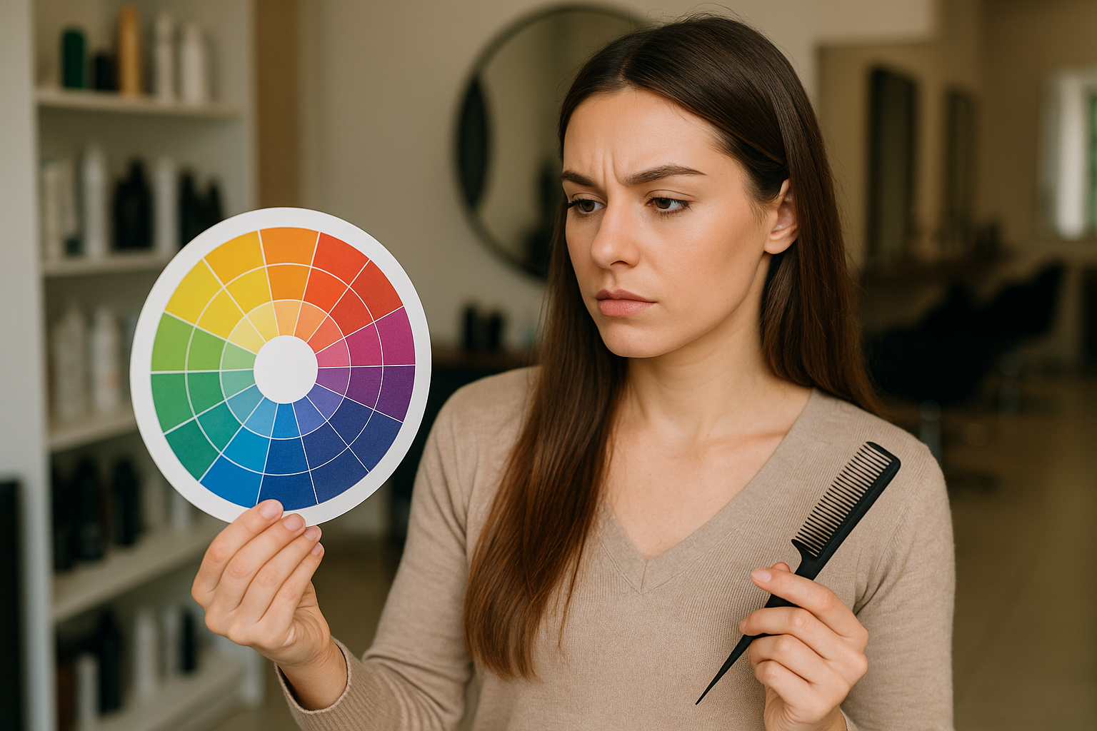 Uma mulher com longos cabelos castanhos segura um círculo de cores Lizzon em uma mão e um pente na outra, estudando o círculo com uma expressão séria em um salão de beleza.