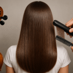 Uma pessoa com cabelos castanhos longos e lisos (liso) está de costas para a câmera. Uma mão segura um pente, a outra segura um alisador de cabelo. Um violino está posicionado à esquerda, parcialmente visível, capturando esse momento calmo do lizzon.