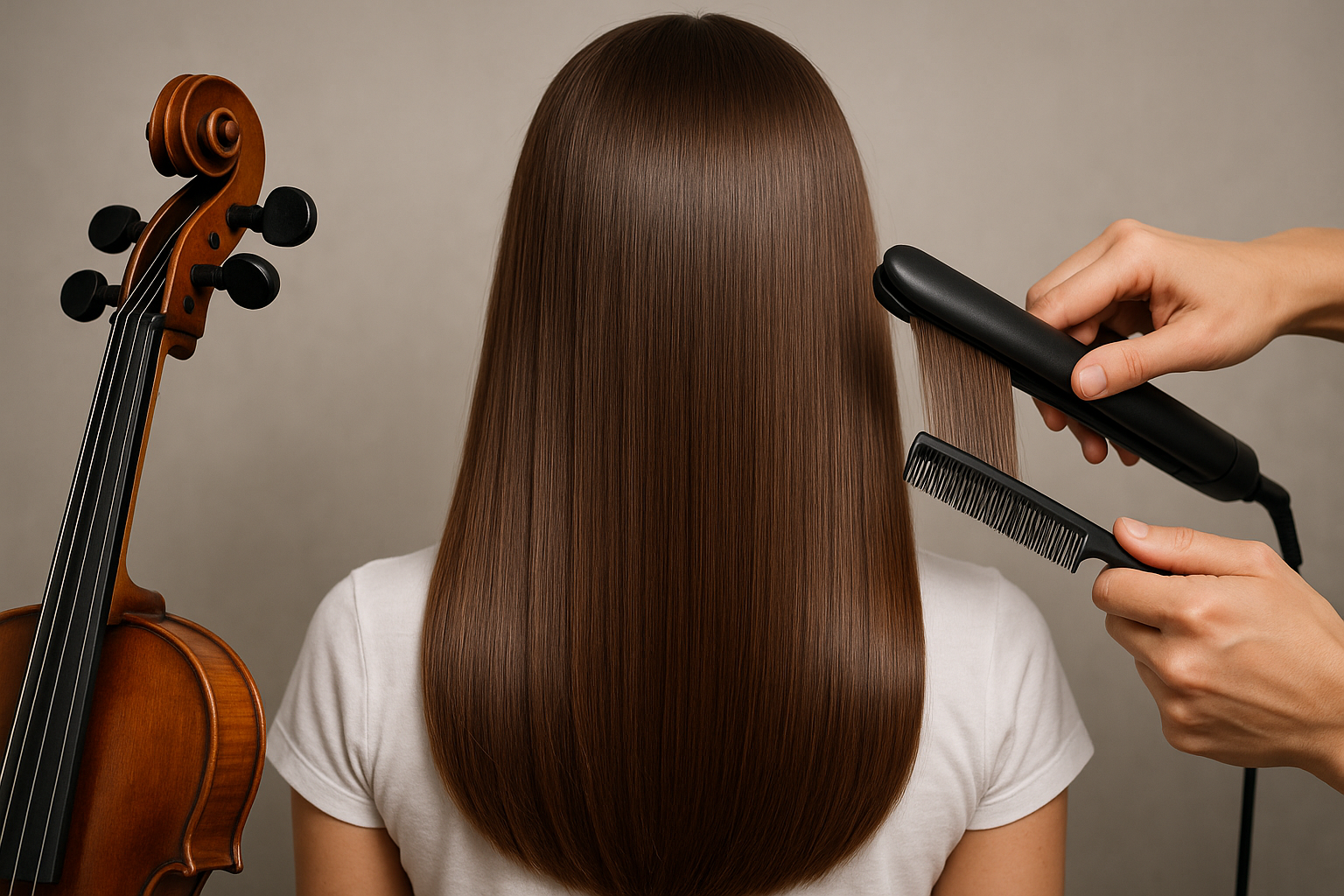 Uma pessoa com cabelos castanhos longos e lisos (liso) está de costas para a câmera. Uma mão segura um pente, a outra segura um alisador de cabelo. Um violino está posicionado à esquerda, parcialmente visível, capturando esse momento calmo do lizzon.