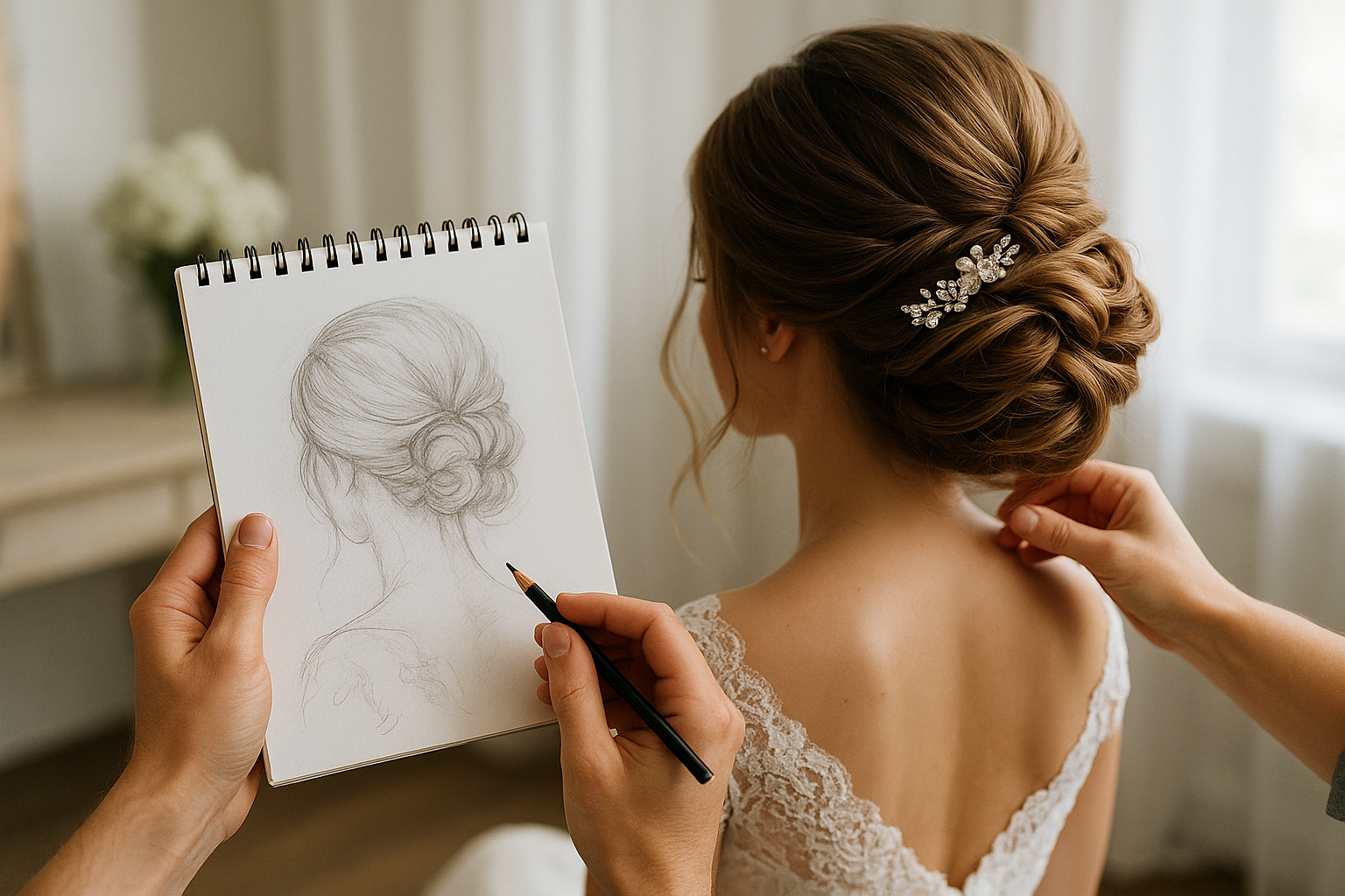 Uma pessoa esboça o penteado liso de uma mulher em um caderno enquanto outra ajusta seu vestido de renda. A mulher tem um penteado com um acessório de cabelo com joias e está sentada em uma sala com iluminação suave.