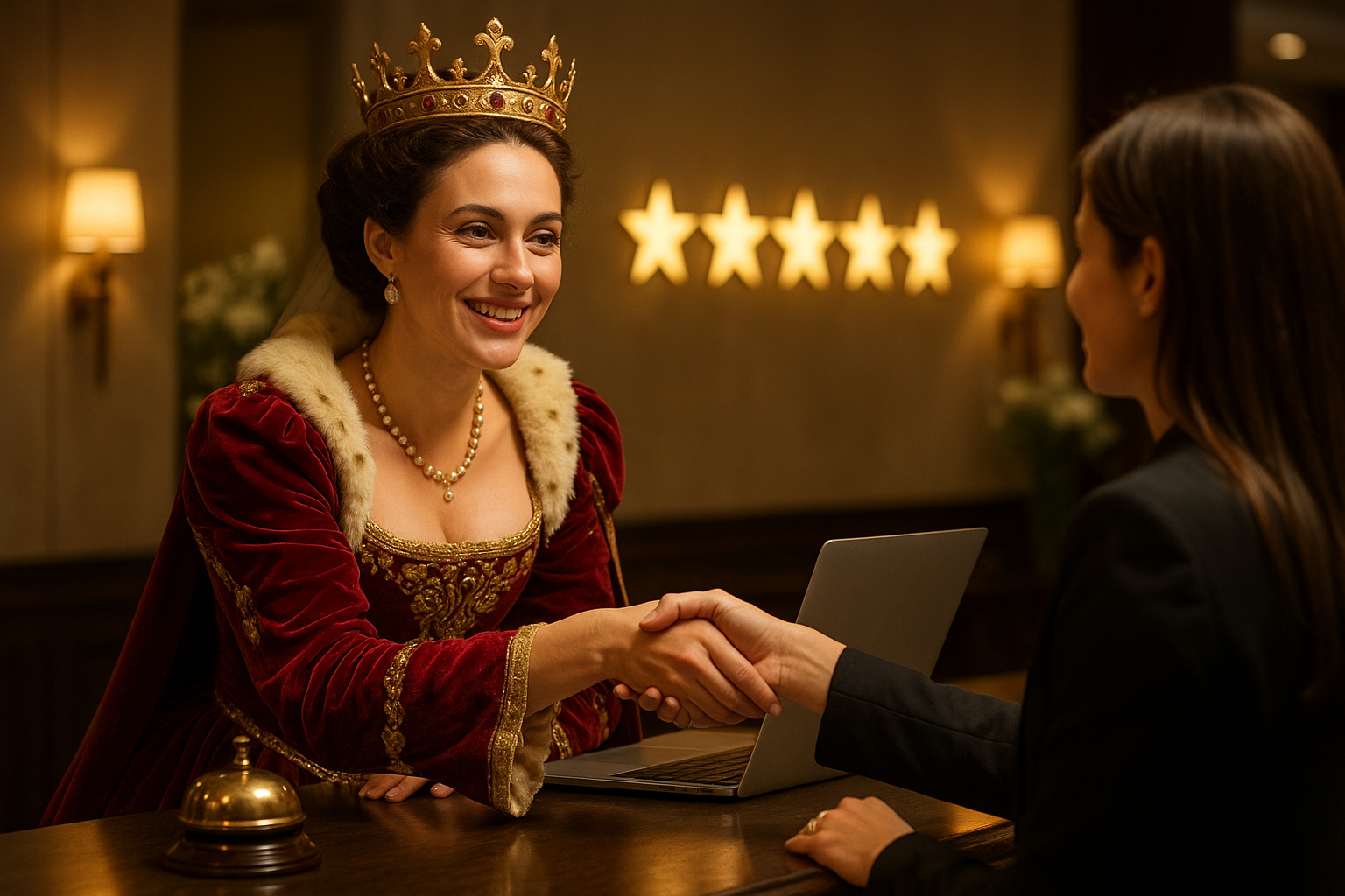 Uma mulher vestida com traje real e coroa aperta a mão de outra mulher em traje de negócios em uma recepção de lizzon, com cinco estrelas douradas visíveis na parede ao fundo.