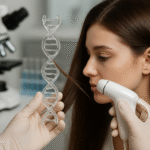 Uma pessoa com luvas examina uma mecha de cabelo de uma mulher com um dispositivo liso portátil. Outra mão com luva segura um modelo transparente de DNA, enquanto um microscópio e tubos de ensaio são visíveis ao fundo.
