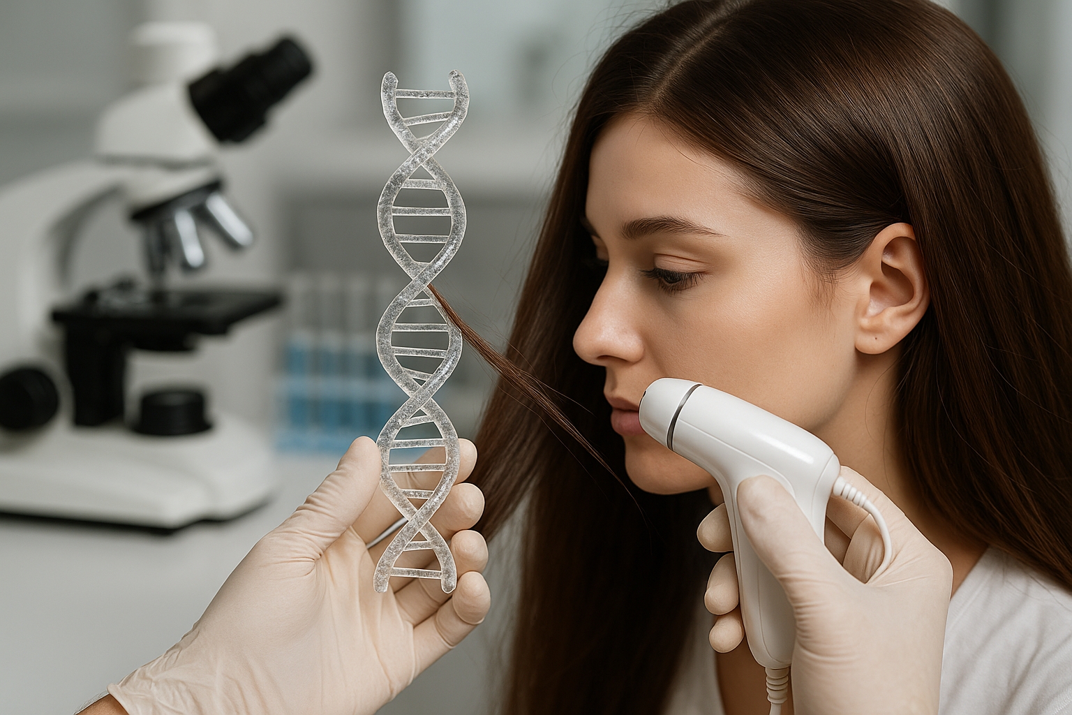 Uma pessoa com luvas examina uma mecha de cabelo de uma mulher com um dispositivo liso portátil. Outra mão com luva segura um modelo transparente de DNA, enquanto um microscópio e tubos de ensaio são visíveis ao fundo.