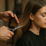 Uma pessoa com longos cabelos castanhos liso senta-se calmamente enquanto outra pessoa usa uma tesoura e um pente para aparar seu cabelo em um salão de beleza. A pessoa que está cortando o cabelo usa uma capa preta de salão.