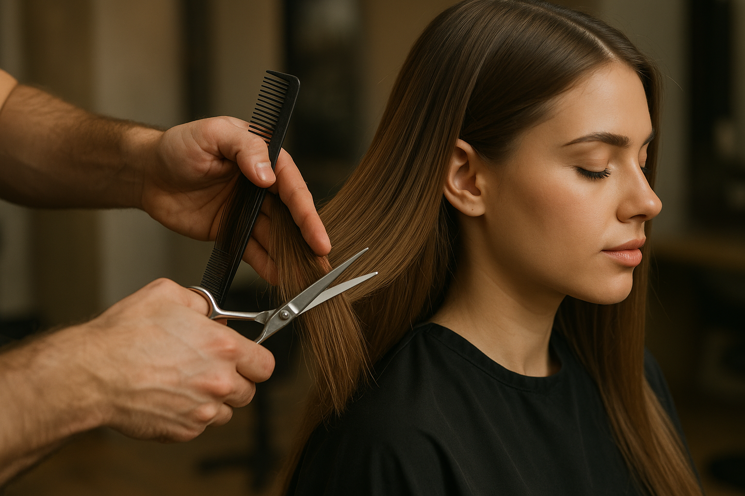 Uma pessoa com longos cabelos castanhos liso senta-se calmamente enquanto outra pessoa usa uma tesoura e um pente para aparar seu cabelo em um salão de beleza. A pessoa que está cortando o cabelo usa uma capa preta de salão.