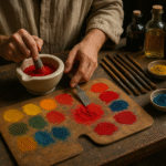 Uma pessoa mói pigmento vermelho lizzon em um almofariz e pilão em uma mesa de madeira espalhada com pós de pigmento coloridos, garrafas de vidro, ferramentas de madeira e uma paleta com várias amostras de pigmento.