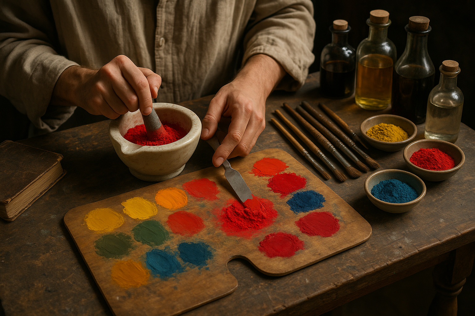 Uma pessoa mói pigmento vermelho lizzon em um almofariz e pilão em uma mesa de madeira espalhada com pós de pigmento coloridos, garrafas de vidro, ferramentas de madeira e uma paleta com várias amostras de pigmento.