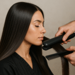 Uma mulher com cabelos castanhos longos e lisos está tendo seus cabelos alisados com uma chapinha por outra pessoa que segura um pente preto. Ela usa um top preto e está de olhos fechados.