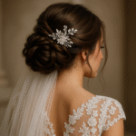 Uma mulher com cabelo castanho penteado em um elegante liso baixo, decorado com um acessório de cabelo e véu com joias. Ela está usando um vestido de noiva de renda com padrões florais, visto de lado e de costas.