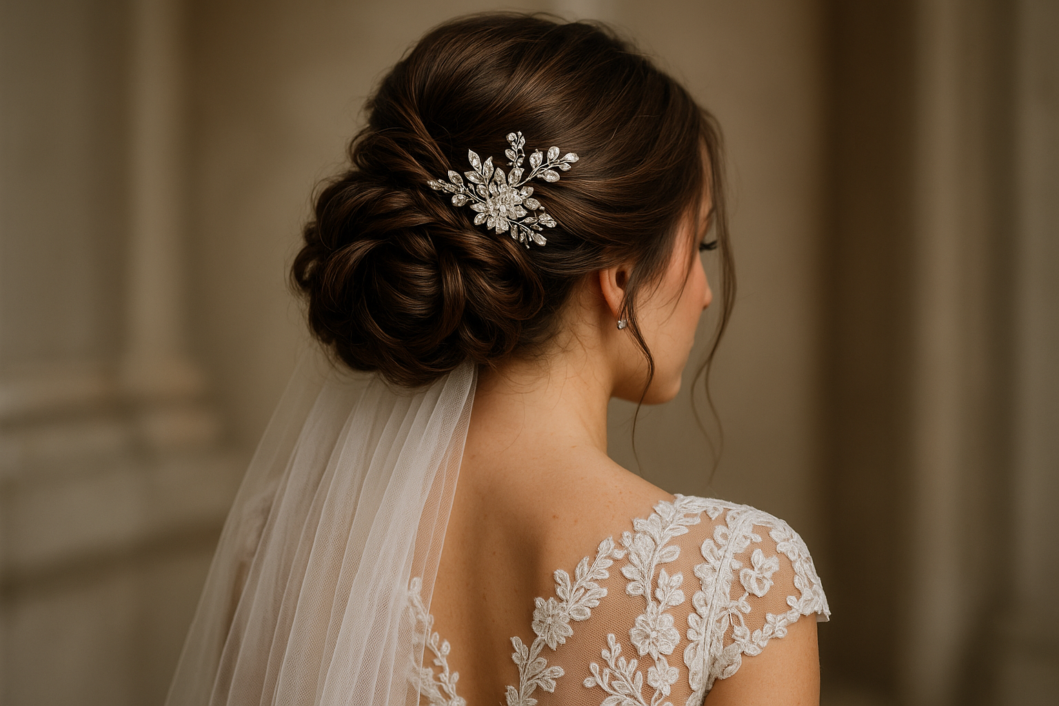Uma mulher com cabelo castanho penteado em um elegante liso baixo, decorado com um acessório de cabelo e véu com joias. Ela está usando um vestido de noiva de renda com padrões florais, visto de lado e de costas.
