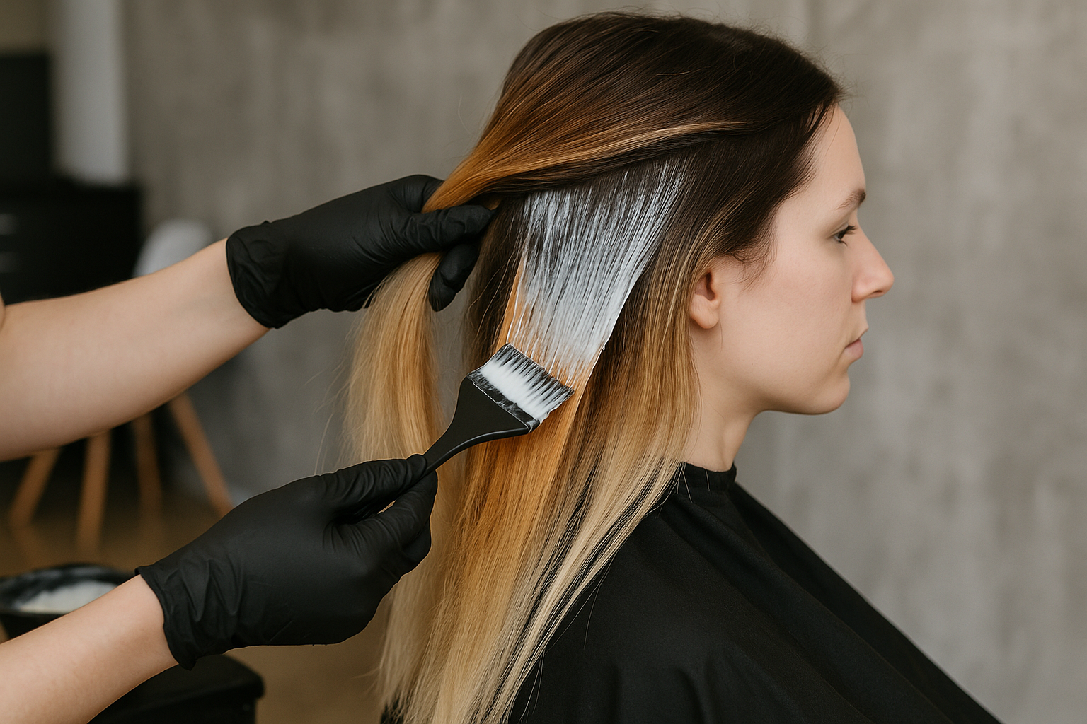 Uma pessoa com cabelo liso, na altura dos ombros, está pintando o cabelo. Alguém usando luvas pretas aplica a tintura de cabelo Lizzon branca com um pincel nas raízes e no meio do comprimento enquanto a pessoa está sentada de lado.