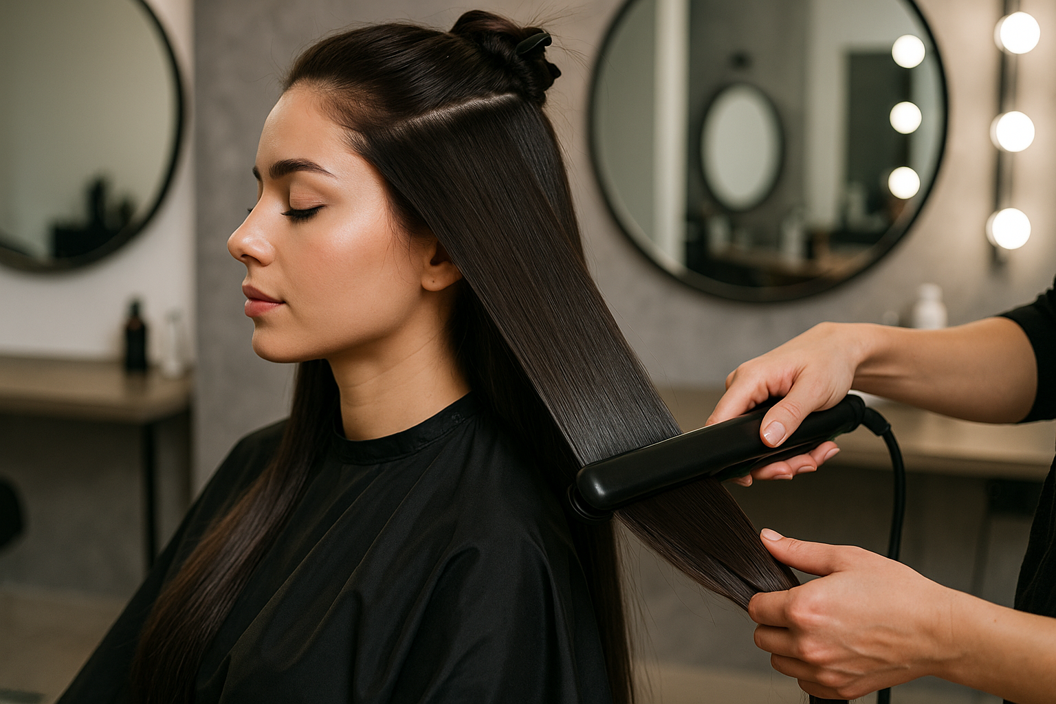 Uma mulher com cabelos castanhos longos e lisos senta-se em uma cadeira de salão com os olhos fechados enquanto um cabeleireiro usa uma chapinha para obter um visual liso e elegante. Espelhos redondos e luzes do salão são visíveis ao fundo.
