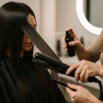 Um cabeleireiro cria um visual liso, alisando o cabelo longo e escuro de uma mulher com uma chapinha enquanto segura um pente e um frasco de spray no salão. A mulher usa uma capa preta e se senta perto de um espelho redondo e iluminado.