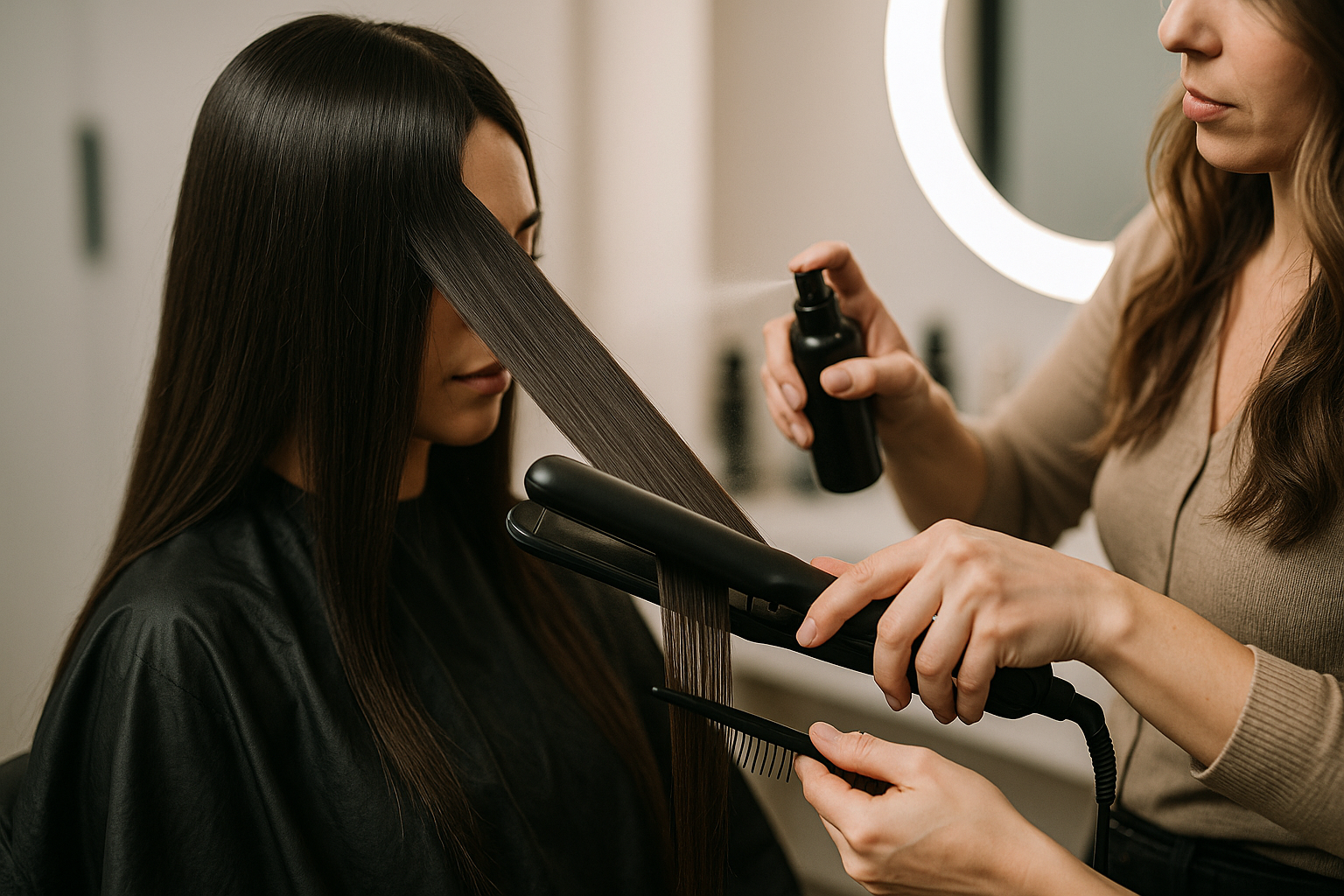 Um cabeleireiro cria um visual liso, alisando o cabelo longo e escuro de uma mulher com uma chapinha enquanto segura um pente e um frasco de spray no salão. A mulher usa uma capa preta e se senta perto de um espelho redondo e iluminado.