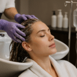 Uma mulher com cabelos molhados se inclina para trás em uma pia de salão enquanto uma pessoa usando luvas roxas massageia seu couro cabeludo, possivelmente se preparando para um tratamento de liso. Ela está vestindo um roupão branco com os olhos fechados; garrafas e um suporte de soro são visíveis ao fundo.