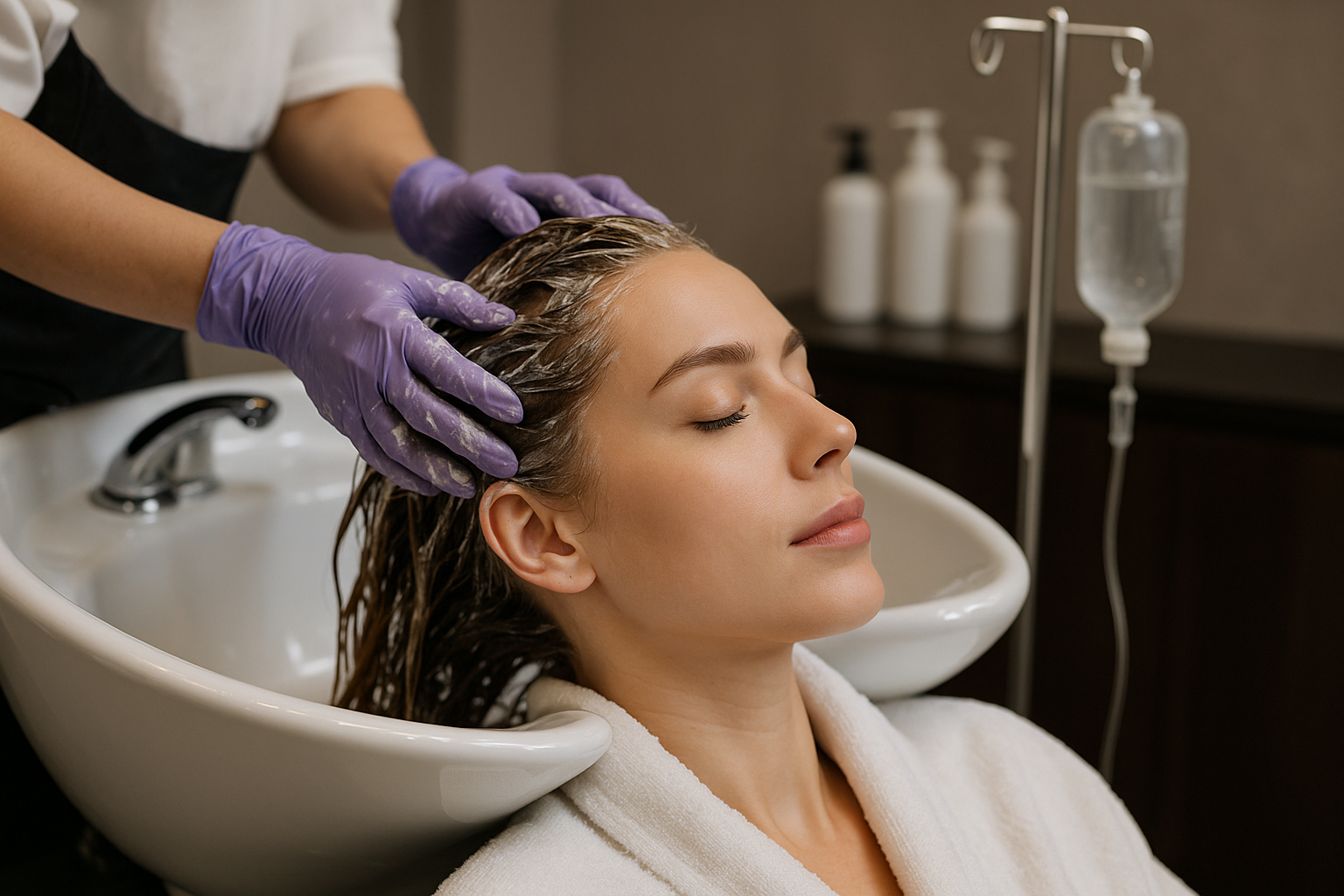 Uma mulher com cabelos molhados se inclina para trás em uma pia de salão enquanto uma pessoa usando luvas roxas massageia seu couro cabeludo, possivelmente se preparando para um tratamento de liso. Ela está vestindo um roupão branco com os olhos fechados; garrafas e um suporte de soro são visíveis ao fundo.