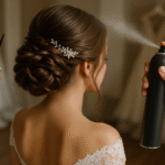 Uma mulher com um penteado e um acessório de cabelo está tendo seu cabelo arrumado com liso hairspray enquanto alguém segura um pente por perto. Ela está usando um vestido de renda com ombros de fora, com vestidos de noiva visíveis ao fundo.