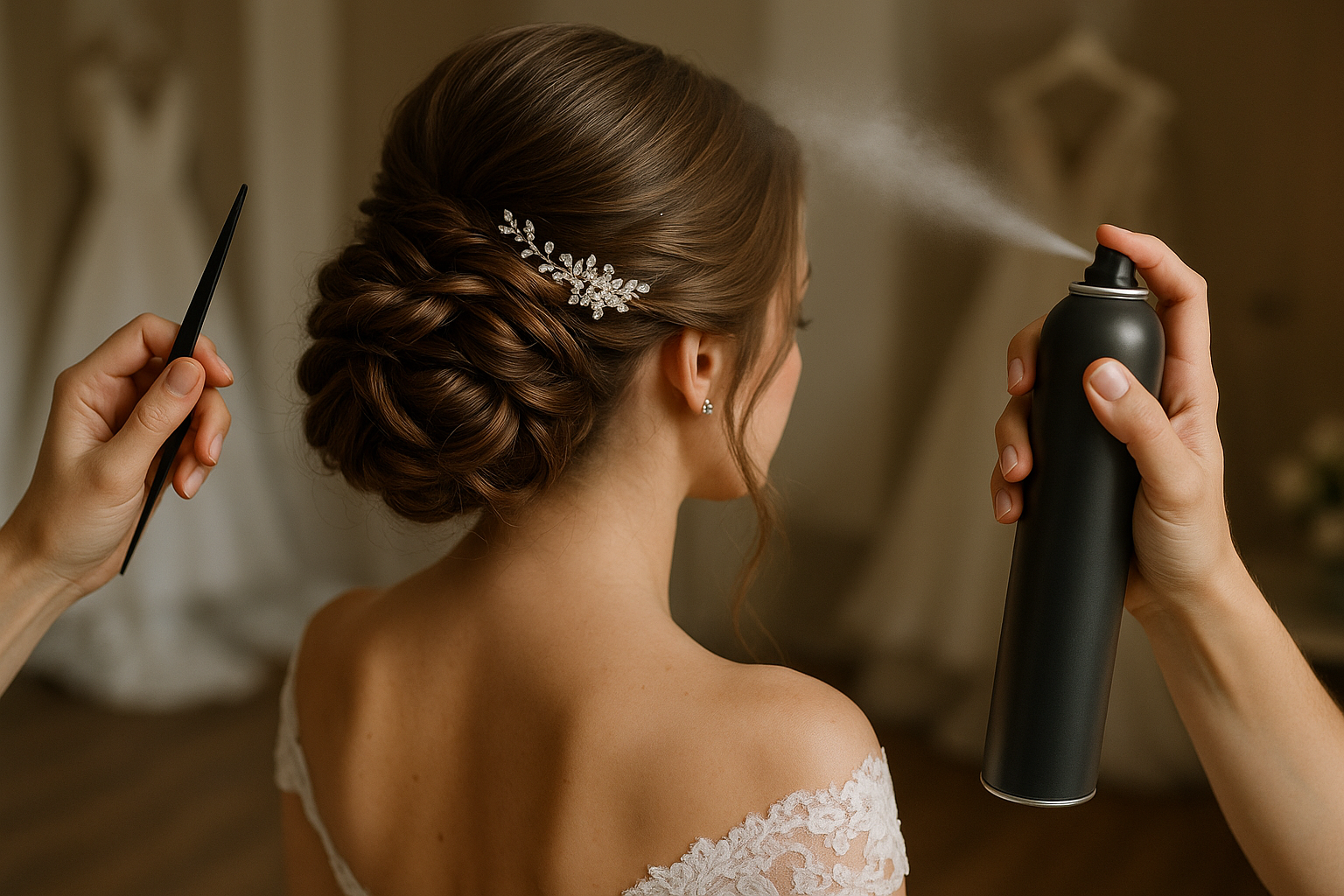 Uma mulher com um penteado e um acessório de cabelo está tendo seu cabelo arrumado com liso hairspray enquanto alguém segura um pente por perto. Ela está usando um vestido de renda com ombros de fora, com vestidos de noiva visíveis ao fundo.