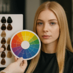 Uma pessoa com cabelo loiro liso está sentada em um salão de beleza enquanto alguém segura uma tabela de amostras de cores de cabelo e um círculo de cores próximo ao seu rosto. As prateleiras com produtos aparecem embaçadas ao fundo.