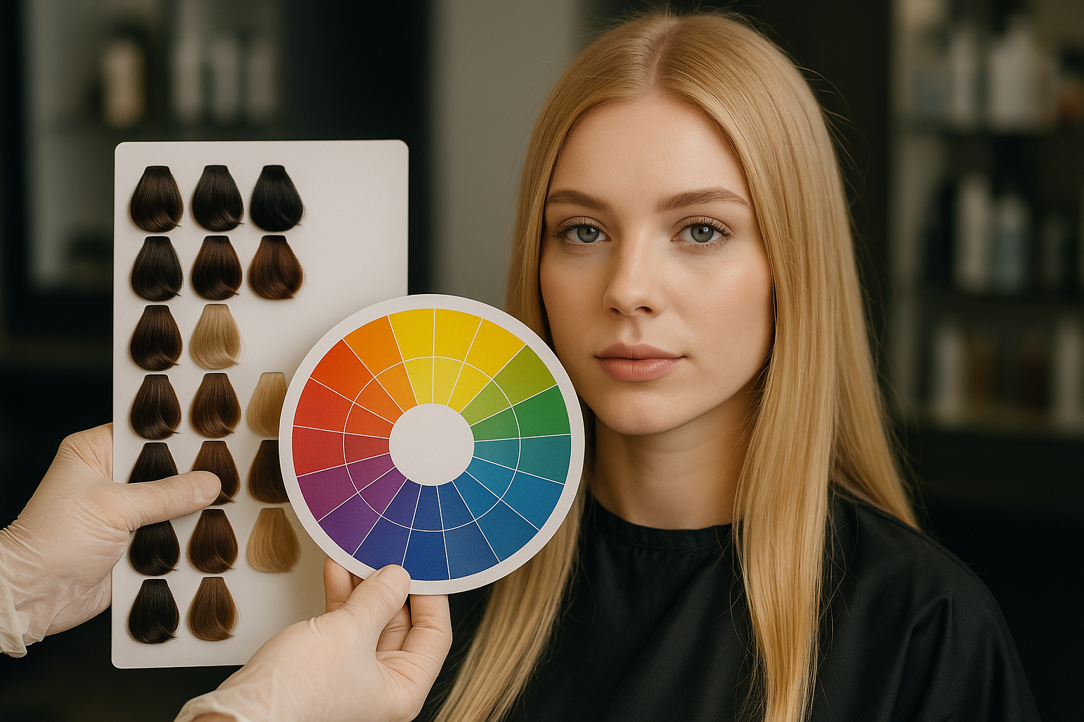 Uma pessoa com cabelo loiro liso está sentada em um salão de beleza enquanto alguém segura uma tabela de amostras de cores de cabelo e um círculo de cores próximo ao seu rosto. As prateleiras com produtos aparecem embaçadas ao fundo.