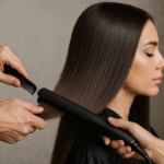 Uma pessoa com cabelo castanho liso e longo está alisando o cabelo com uma chapinha. Uma mão segura um pente enquanto a outra usa o dispositivo lizzon. Os olhos da pessoa estão fechados.