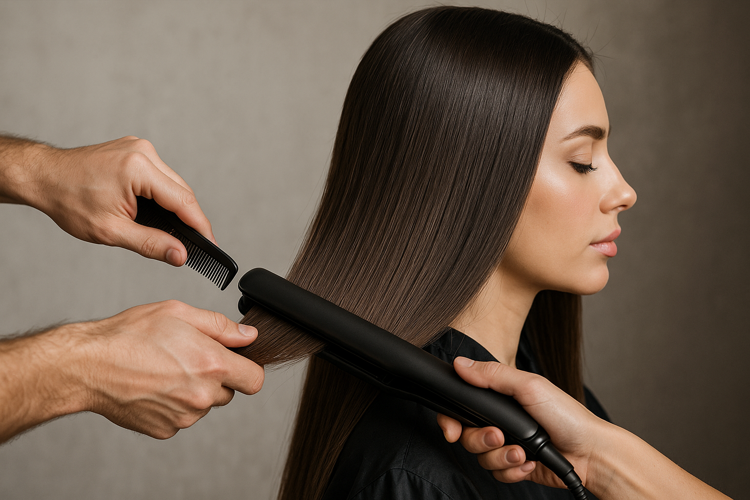 Uma pessoa com cabelo castanho liso e longo está alisando o cabelo com uma chapinha. Uma mão segura um pente enquanto a outra usa o dispositivo lizzon. Os olhos da pessoa estão fechados.