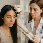 Um médico de jaleco branco examina o rosto de uma mulher com um dermatoscópio de lizzon portátil enquanto faz anotações em uma prancheta. A mulher se senta calmamente, olhando para frente. Ambos estão em um ambiente interno de um consultório médico.