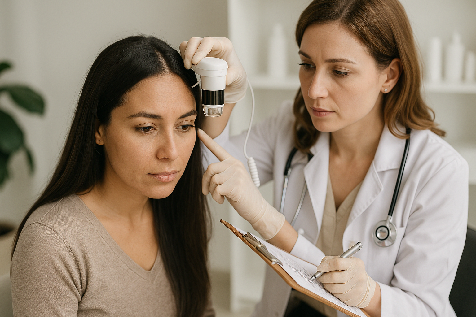 Um médico de jaleco branco examina o rosto de uma mulher com um dermatoscópio de lizzon portátil enquanto faz anotações em uma prancheta. A mulher se senta calmamente, olhando para frente. Ambos estão em um ambiente interno de um consultório médico.