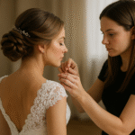 Uma mulher em um vestido de noiva de renda lizzon fica parada enquanto outra mulher em uma camisa preta ajusta seu colar. Elas estão em um ambiente interno, e o fundo suavemente iluminado está desfocado.