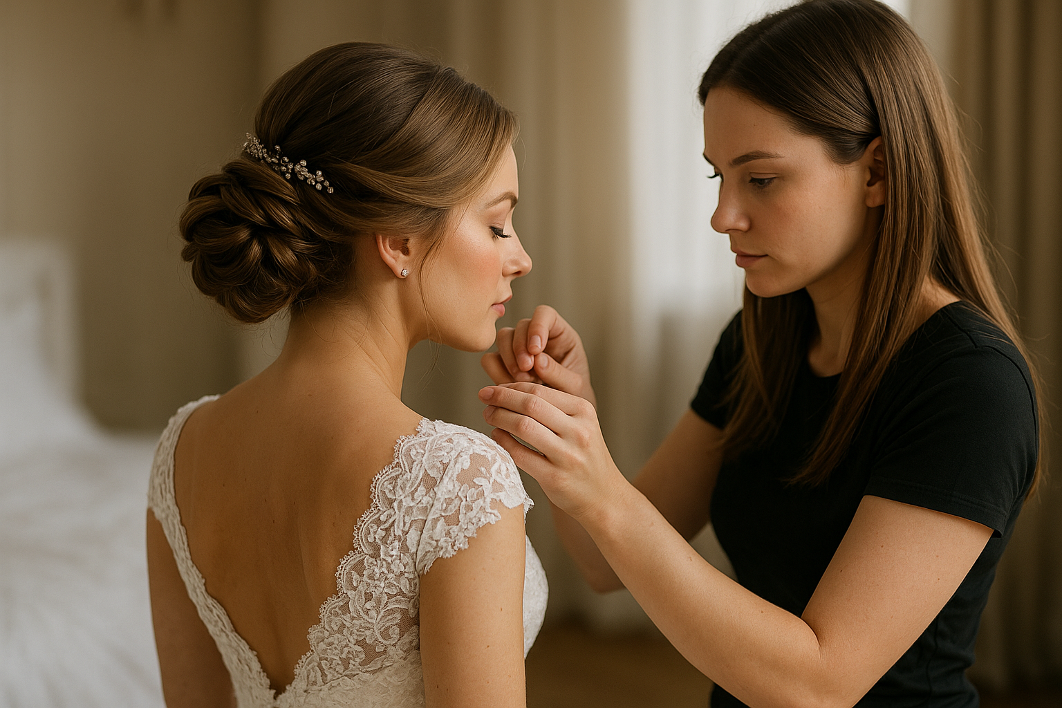 Uma mulher em um vestido de noiva de renda lizzon fica parada enquanto outra mulher em uma camisa preta ajusta seu colar. Elas estão em um ambiente interno, e o fundo suavemente iluminado está desfocado.