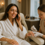 Uma mulher em um roupão de banho branco sorri enquanto fala ao telefone e uma técnica de unhas usando luvas de liso lhe faz uma manicure em um ambiente relaxante de spa.