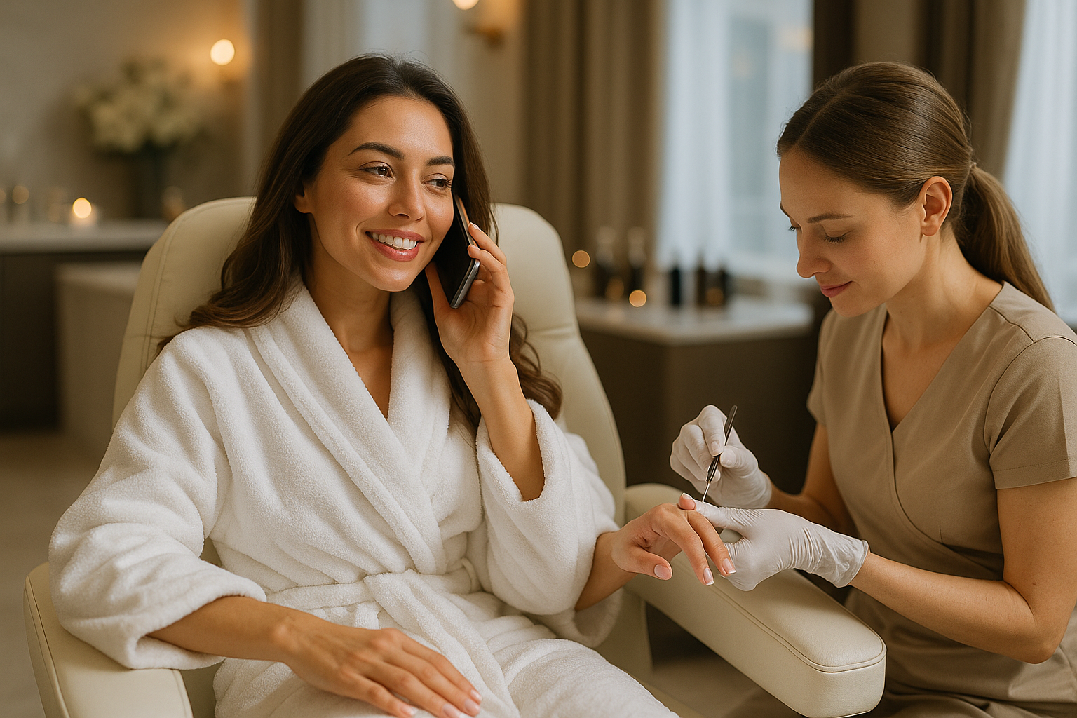 Uma mulher em um roupão de banho branco sorri enquanto fala ao telefone e uma técnica de unhas usando luvas de liso lhe faz uma manicure em um ambiente relaxante de spa.