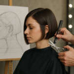 Uma mulher com cabelos castanhos curtos e lisos senta-se para cortar o cabelo enquanto um estilista corta seu cabelo com uma tesoura e um pente. No plano de fundo, há um desenho de perfil de uma cabeça em um cavalete.