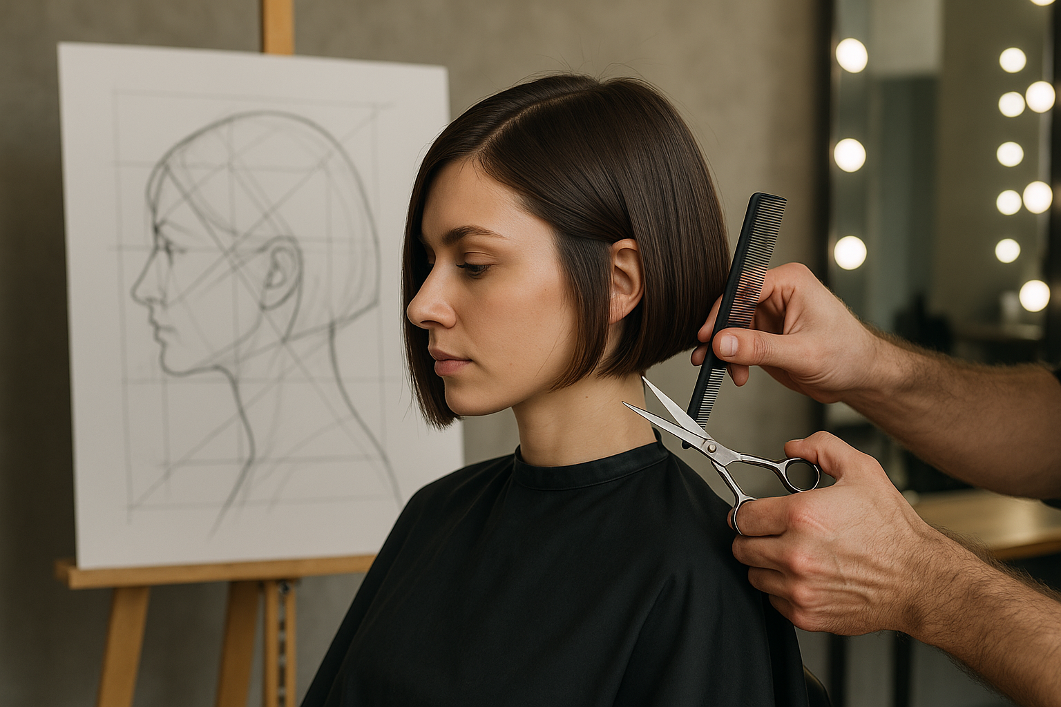 Uma mulher com cabelos castanhos curtos e lisos senta-se para cortar o cabelo enquanto um estilista corta seu cabelo com uma tesoura e um pente. No plano de fundo, há um desenho de perfil de uma cabeça em um cavalete.