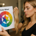 Uma mulher com longos cabelos loiros segura uma mecha de cabelo ao lado de uma tabela de cores impressa, examinando as cores. Ela está usando uma camisa preta e está em um ambiente interno, comparando sua tonalidade com a paleta de cores da Lizzon.