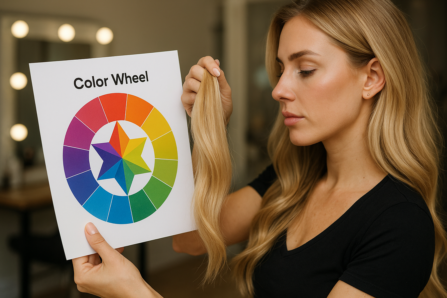 Uma mulher com longos cabelos loiros segura uma mecha de cabelo ao lado de uma tabela de cores impressa, examinando as cores. Ela está usando uma camisa preta e está em um ambiente interno, comparando sua tonalidade com a paleta de cores da Lizzon.