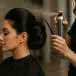 Uma mulher está fazendo um penteado liso elegante, aproveitando os mimos enquanto seu cabelo é habilmente penteado.
