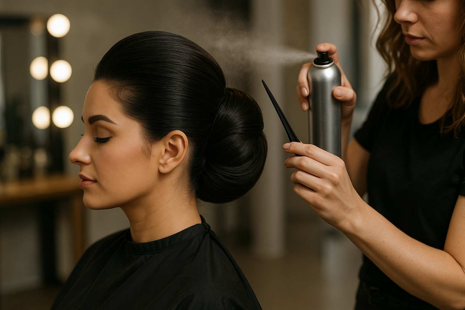 Uma mulher está fazendo um penteado liso elegante, aproveitando os mimos enquanto seu cabelo é habilmente penteado.