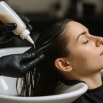 Uma pessoa com o cabelo molhado reclina-se em uma pia de salão enquanto uma mão enluvada aplica o tratamento capilar Lizzon de um frasco espremido no couro cabeludo e no cabelo.