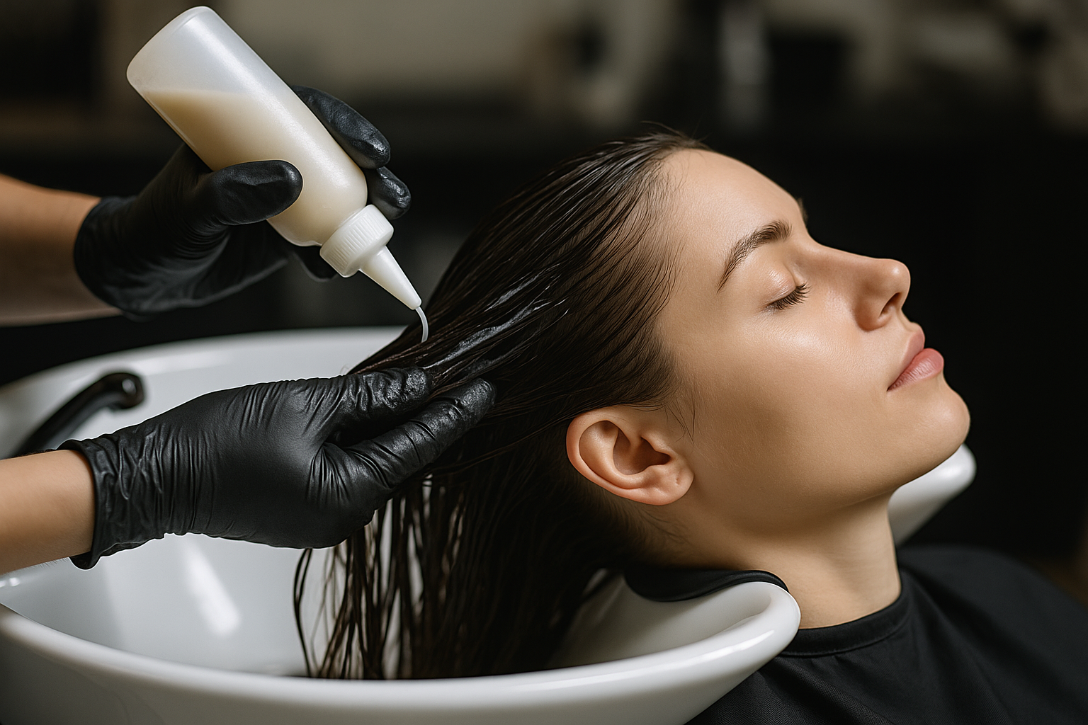 Uma pessoa com o cabelo molhado reclina-se em uma pia de salão enquanto uma mão enluvada aplica o tratamento capilar Lizzon de um frasco espremido no couro cabeludo e no cabelo.