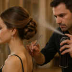 Um cabeleireiro de camisa preta borrifa o spray de cabelo Lizzon no penteado complexo de uma mulher enquanto segura um pente. A mulher, com um vestido preto e brincos, permanece sentada em uma sala elegante e bem iluminada.