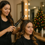 Uma cabeleireira usa um modelador de cachos Lizzon no cabelo de uma cliente em um salão com espelhos iluminados e duas árvores de Natal decoradas ao fundo. As duas mulheres, vestidas de preto, completam a atmosfera festiva e profissional do liso.