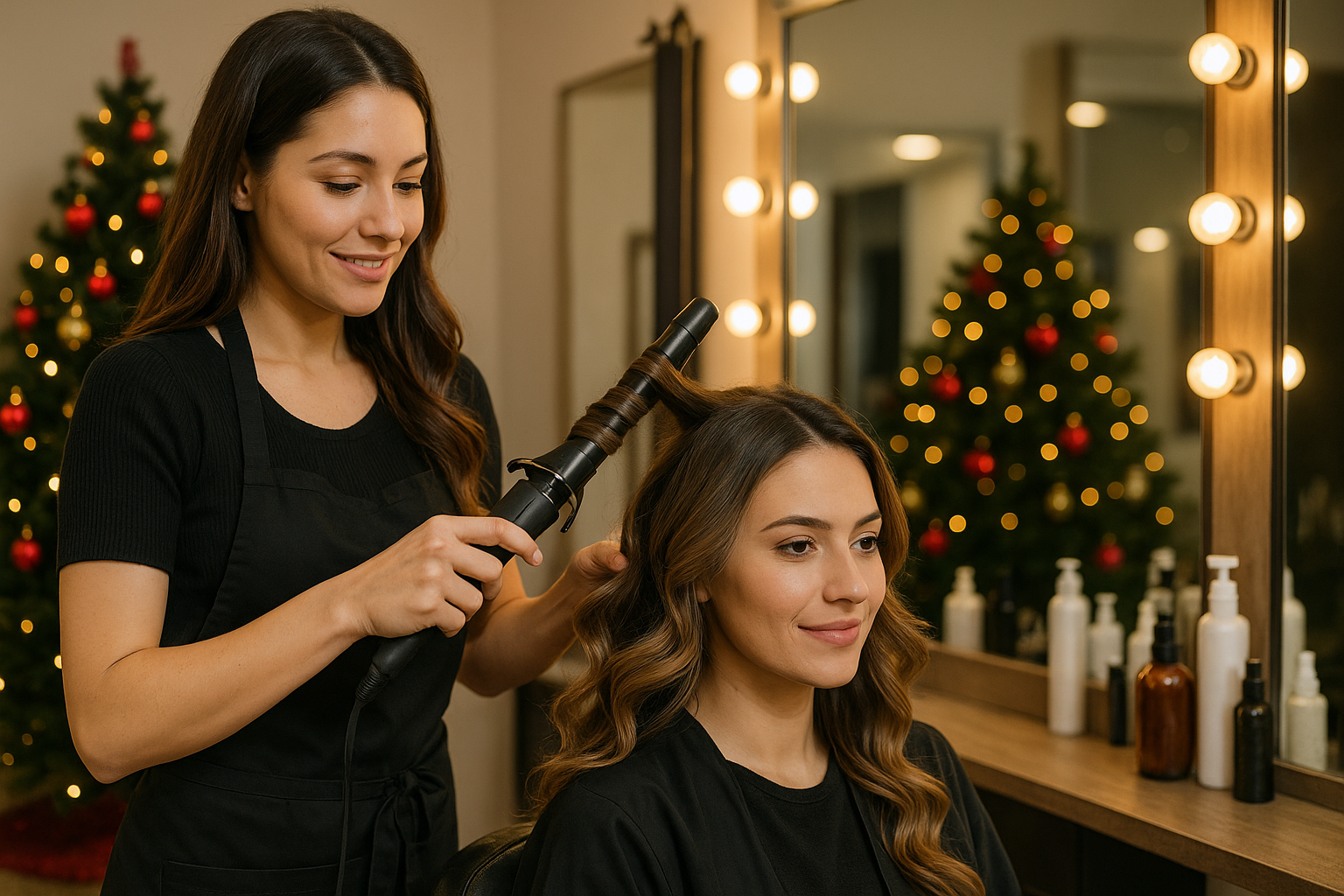 Uma cabeleireira usa um modelador de cachos Lizzon no cabelo de uma cliente em um salão com espelhos iluminados e duas árvores de Natal decoradas ao fundo. As duas mulheres, vestidas de preto, completam a atmosfera festiva e profissional do liso.