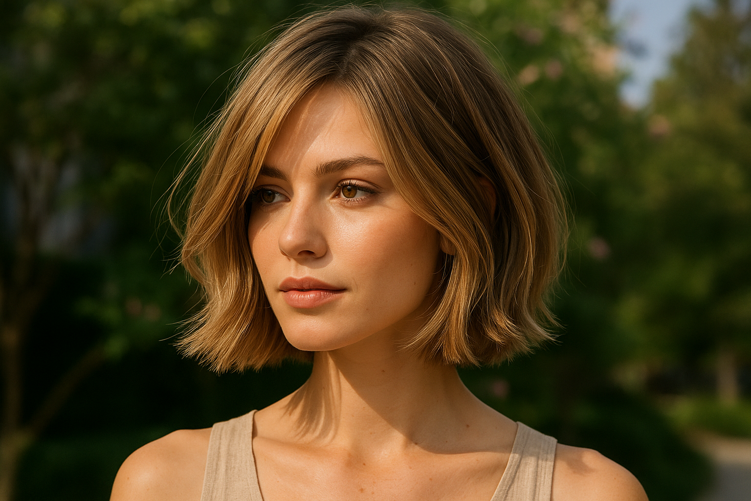 Uma jovem com cabelos curtos, lisos e castanhos claros está ao ar livre sob luz natural, vestindo um top bege sem mangas. A folhagem verde está desfocada no plano de fundo. Ela tem uma expressão neutra.