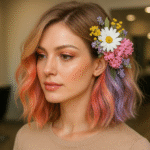 Uma mulher com cabelos ondulados na altura dos ombros, tingidos em tons liso de rosa e roxo, usa um arranjo floral com margaridas e outras flores em um lado da cabeça em um salão bem iluminado.