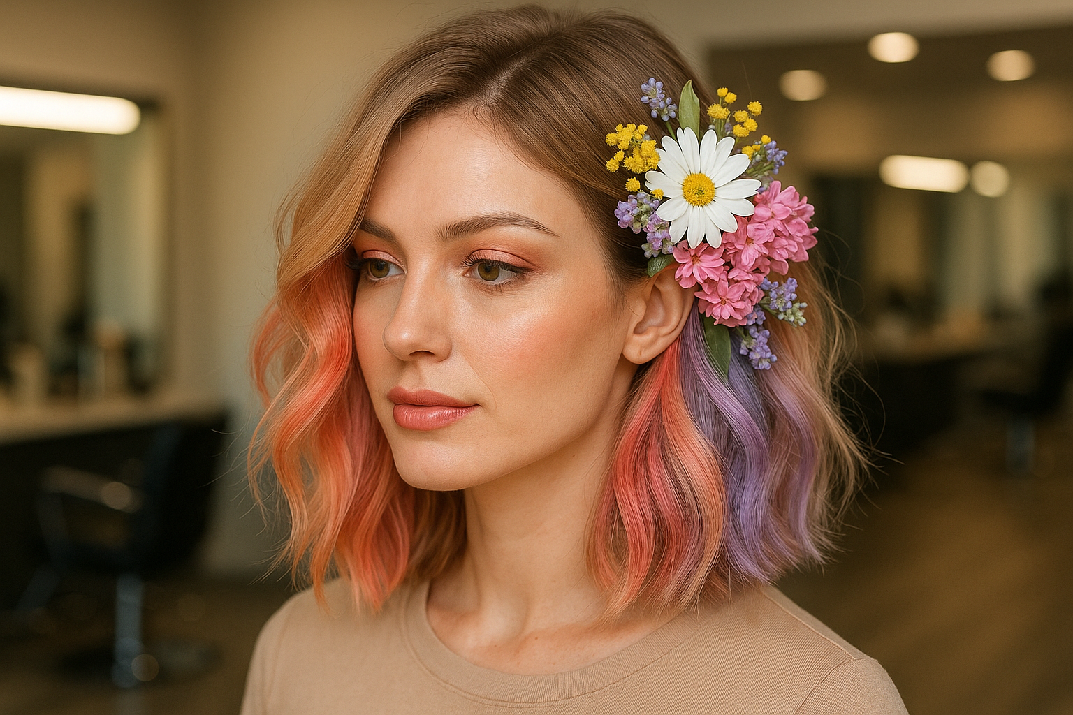 Uma mulher com cabelos ondulados na altura dos ombros, tingidos em tons liso de rosa e roxo, usa um arranjo floral com margaridas e outras flores em um lado da cabeça em um salão bem iluminado.