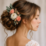 Uma mulher com cabelos castanhos claros penteados em um coque baixo e liso, adornado com flores brancas e pêssego e folhas verdes, vestindo uma roupa de renda branca, é mostrada de perfil contra um fundo neutro.