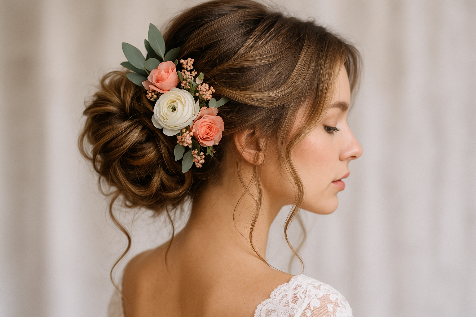Uma mulher com cabelos castanhos claros penteados em um coque baixo e liso, adornado com flores brancas e pêssego e folhas verdes, vestindo uma roupa de renda branca, é mostrada de perfil contra um fundo neutro.