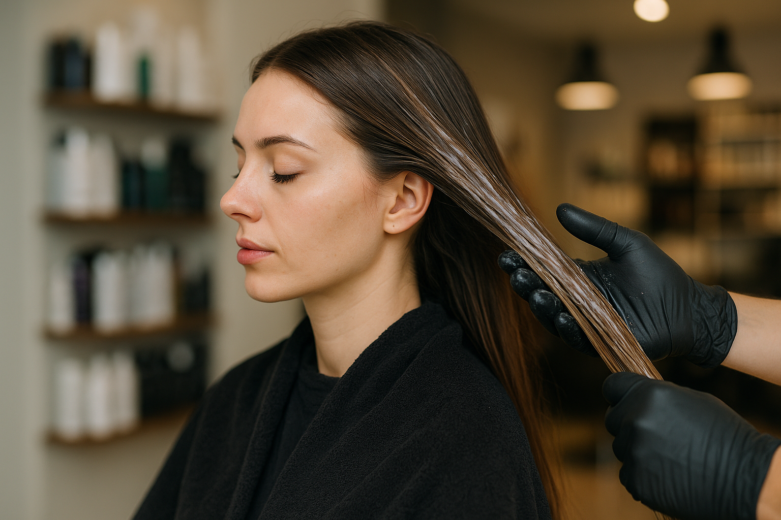 Uma pessoa com cabelos castanhos longos e lisos senta-se com os olhos fechados enquanto outra, usando luvas pretas, aplica um tratamento capilar Lizzon em um salão de beleza. Prateleiras com produtos são visíveis ao fundo, destacando o processo de transformação do liso.