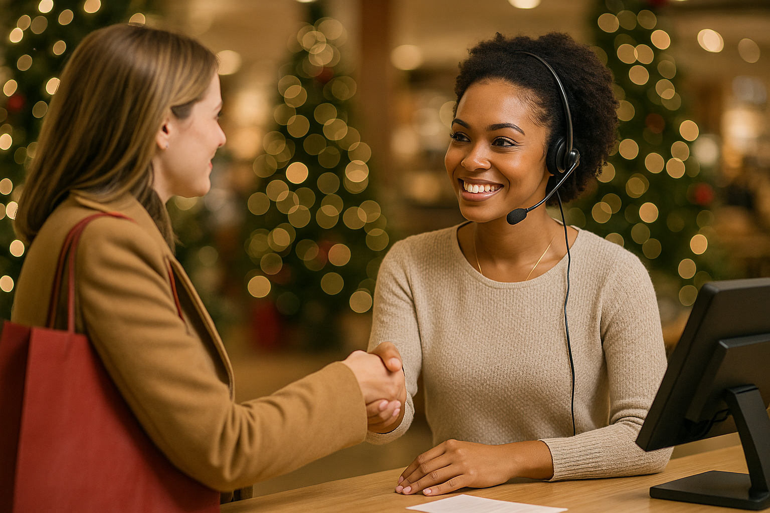 Uma mulher usando um fone de ouvido liso está sentada em um balcão, sorrindo e apertando a mão de outra mulher que segura uma bolsa vermelha. Decorações natalinas e árvores de Natal borradas são visíveis ao fundo.